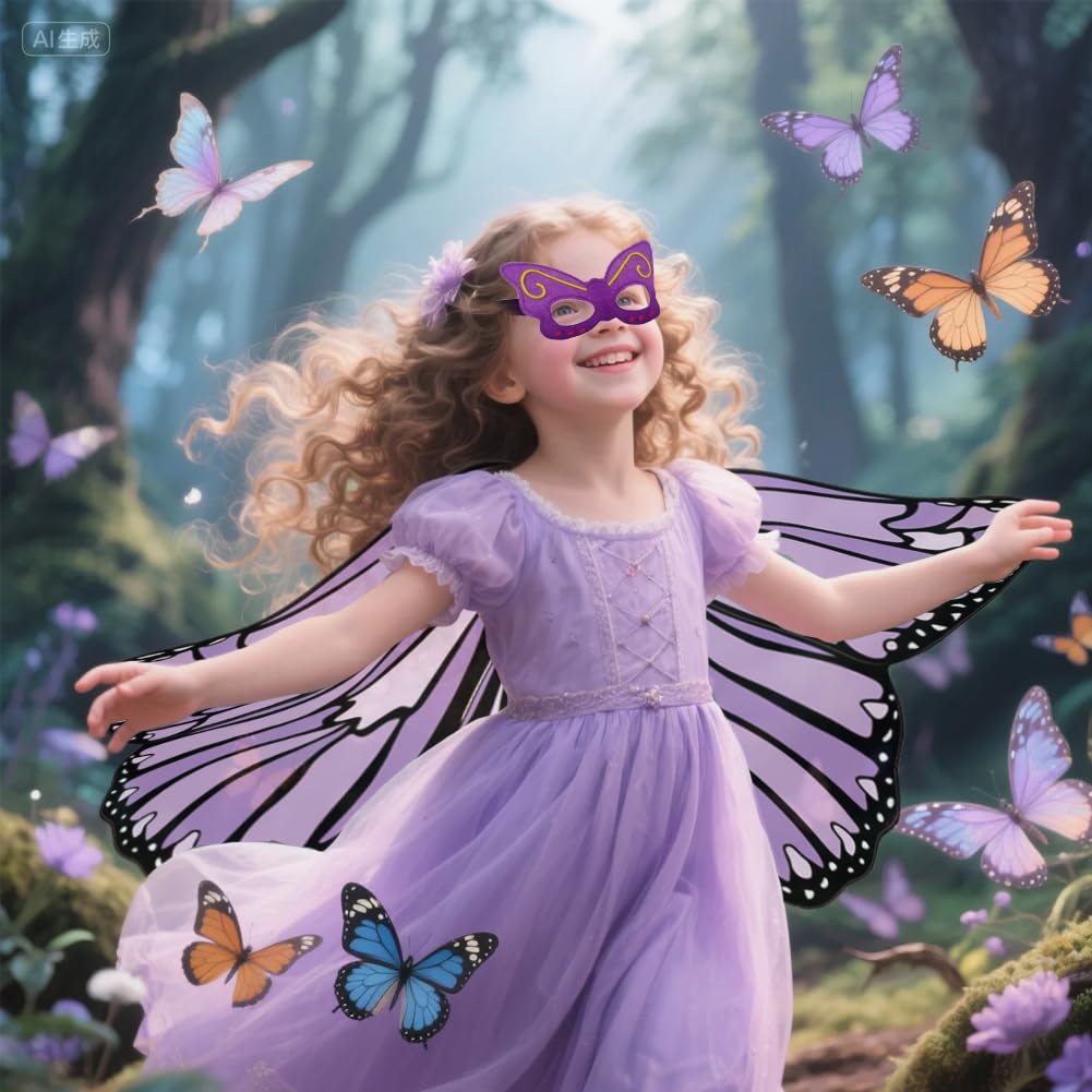 AffeGifts Butterfly Wings Kids, Large Butterfly Cape for Girls Butterfly Costume Wings Fancy Princess Cloak Shawl Halloween Dress Up for 4-10 Yeas Old (Purple) - Image 2