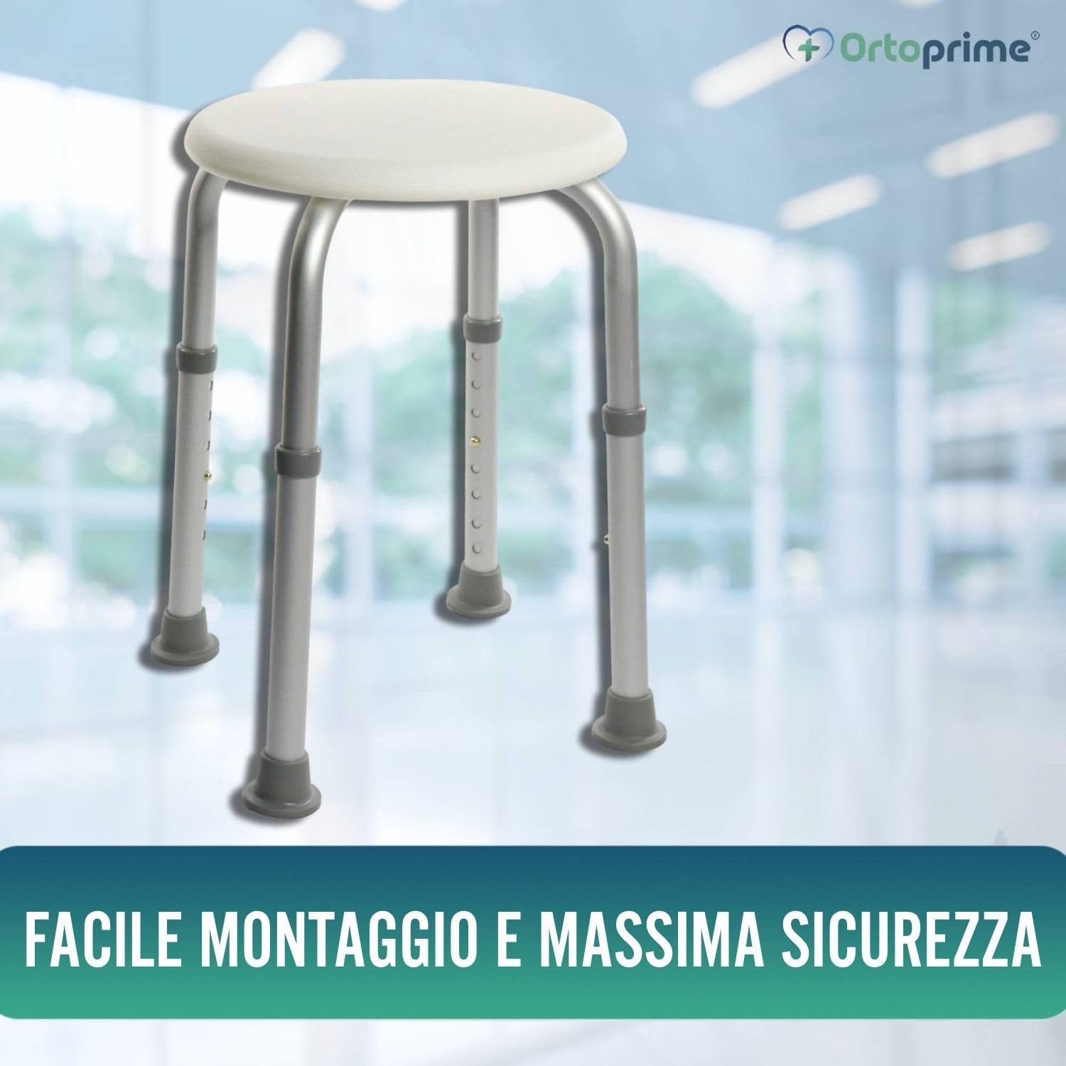 OrtoPrime sgabello da doccia per anziani rotondo – Sedia per doccia regolabile in altezza – Sgabello da bagno antiscivolo per adulti e anziani – Sedia doccia ergonomica leggera e sicura