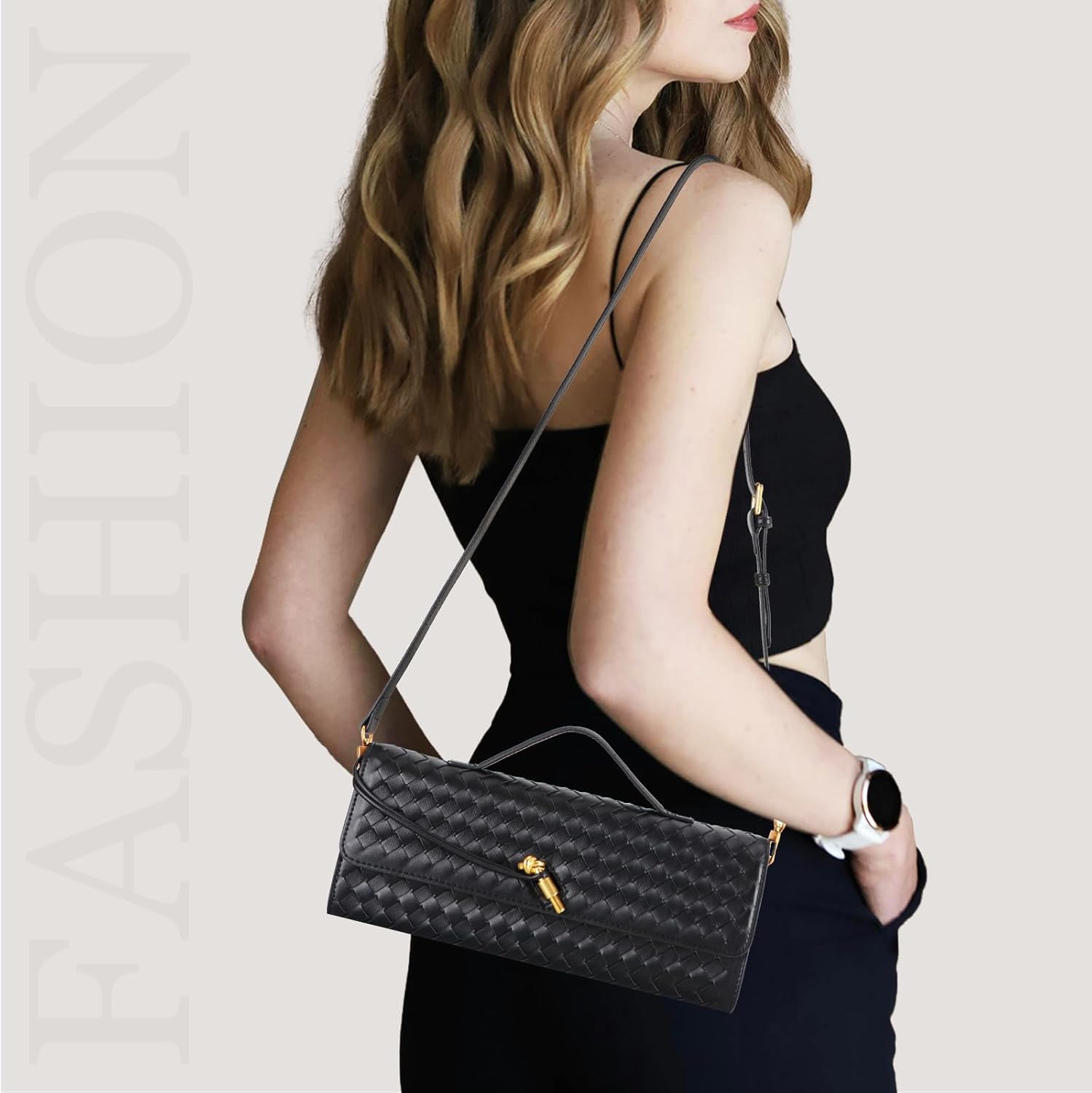Pu Leather Woven Bag Purse,Black Clutch, Woven Evening Bag For Women 11.8" x 1.7" x 4.9" - Image 2