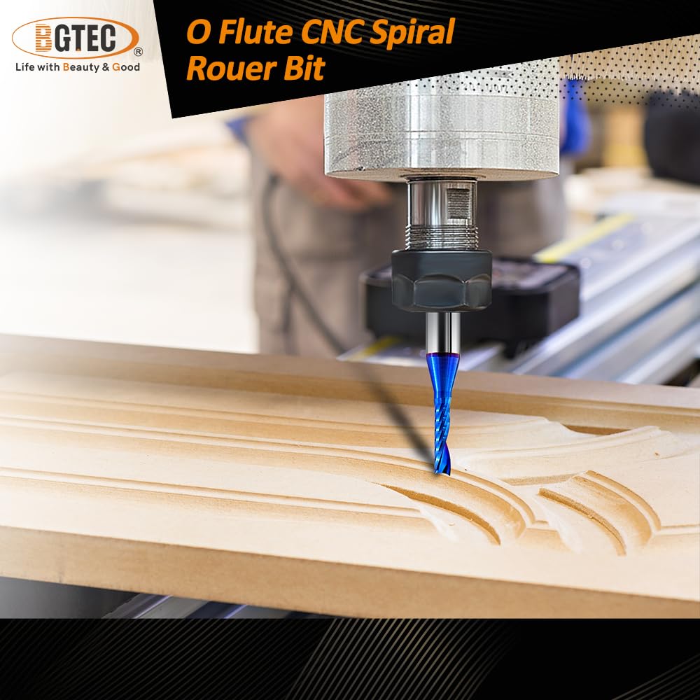 BGTEC O Flute UpCut Spiral Router Bit - 1/4" Cutting Diameter Carbide End Mill Single Flute Spiral CNC Router Bit for Wood, Aluminum, Plastic, Acrylic, MDF and PVC, 2PCS