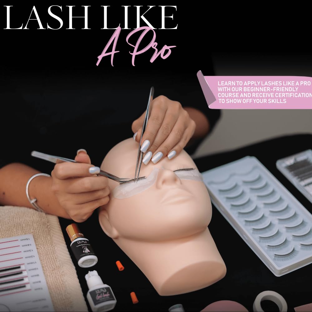 Hoka Lash Eyelash Extension Kit & Training Course and Certification, Professional Lash Extension Kit for Beginners Includes Practice Mannequin Head, Lash Trays, Glue, Tweezers, Fan & More