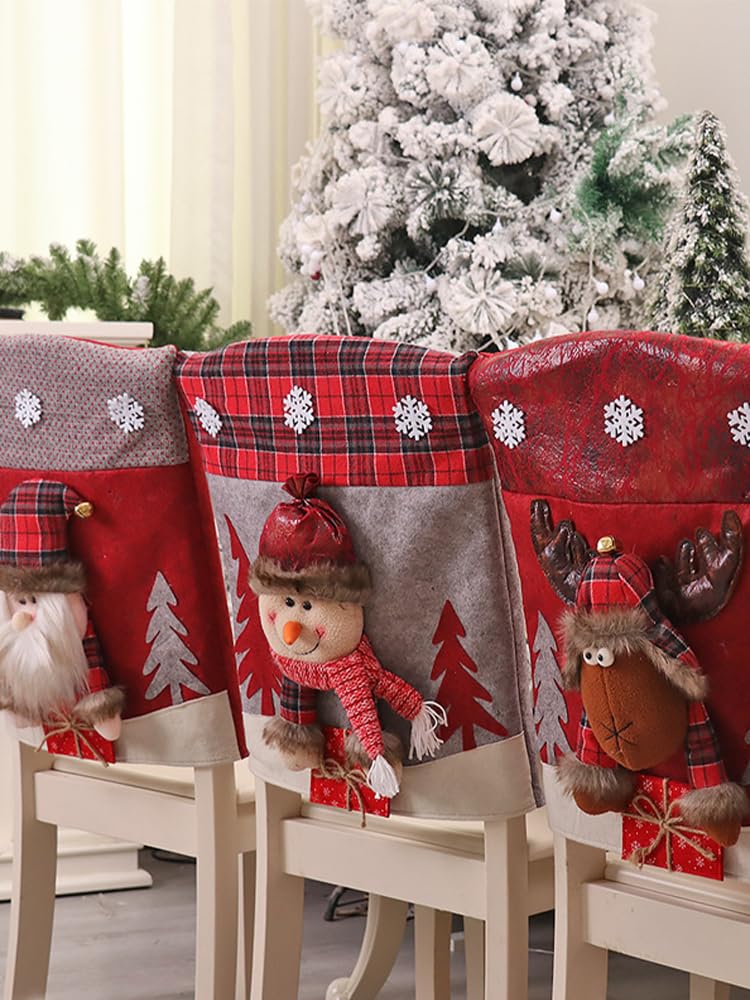 DULRLLY 6Pcs Christmas Chair Covers 3D Plush Santa Claus Reindeer Christmas Dining Chair Slip Covers Xmas Chair Back Cover for Dining Room Kitchen Holiday Hotel Party Decor, 20 X 18 Inch