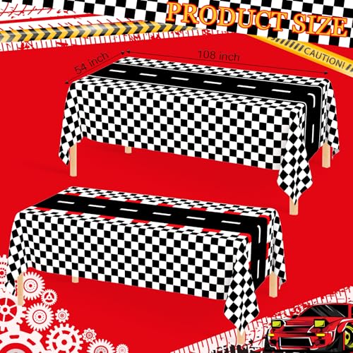 Image of WNINK 2 Pack Race Car Table Cloth and Black White Gingham Tablecloths Disposable Plastic Buffalo Check Tablecloth Checkered Flag Covers for Birthday, Outdoor Picnic, Birthday, Camping 54 x 108 Inch