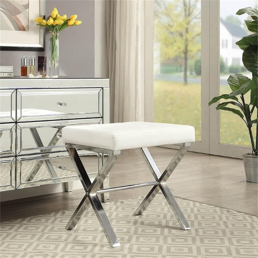 Pemberly Row Modern Vanity Bench, Chrome X-Base, White Faux Leather Upholstery, Tufted Cushion, 20" L x 16" D x 19" H, Sleek Contemporary Design for Bedroom or Indoor Use
