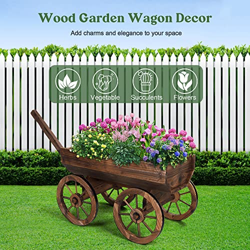 Oiprtgfj Wood Wagon Planter For Outdoor Balcony Decor - Garden Rustic Wooden Flower Cart With Wheels For Outside Garden Decor Wheelbarrow Planter For Patio #TOP7