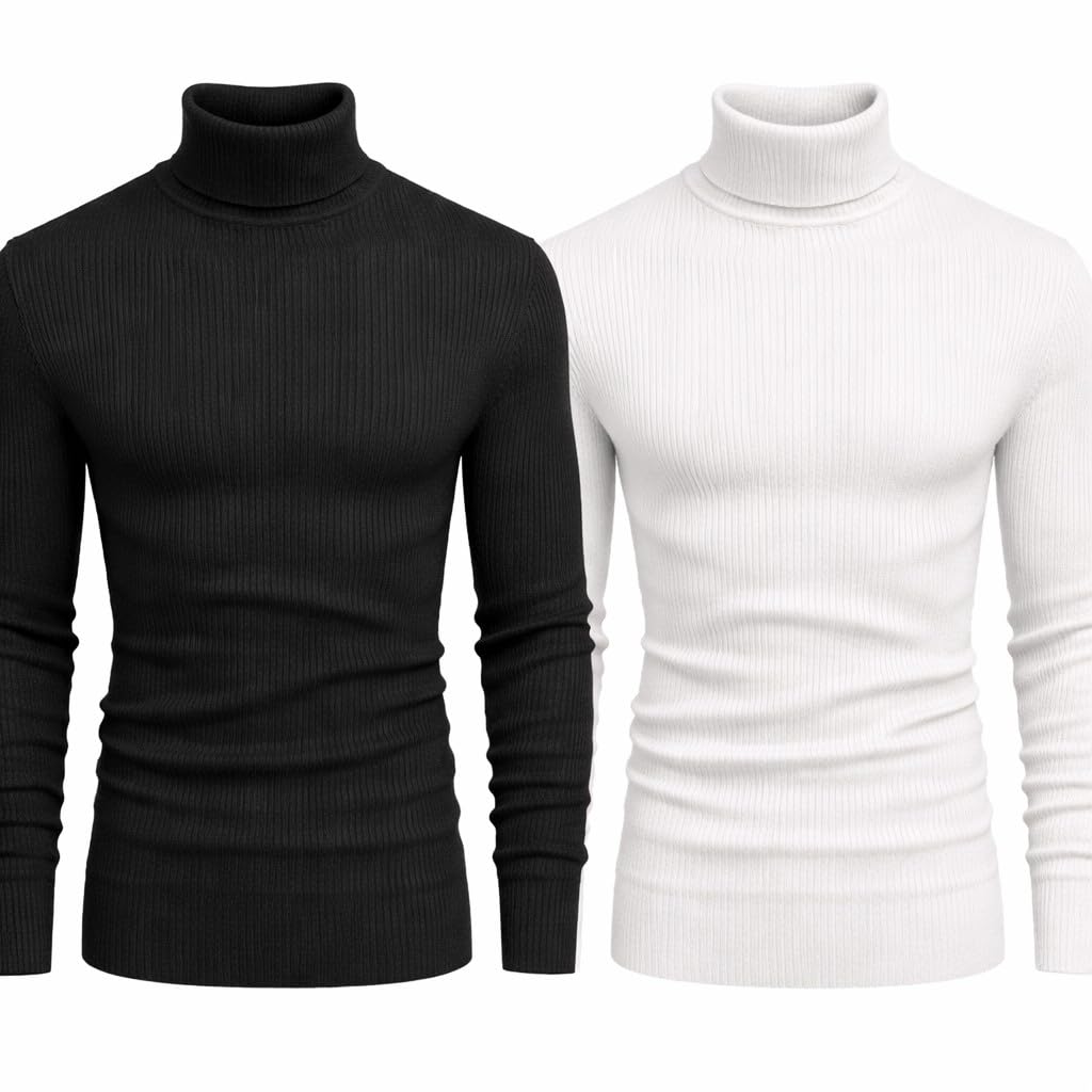 Men’s Ribbed Turtleneck Sweater Combo | Slim Fit High Neck Knitwear | Full Sleeve Winter Pullover for Casual, Office (Black and White, Pack of 2)-picture-22