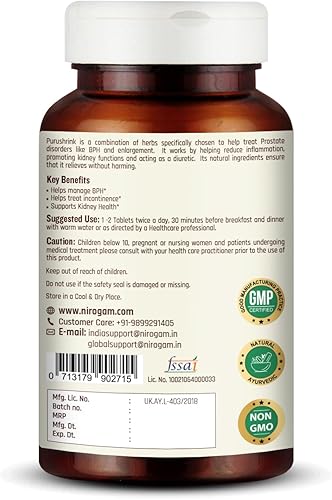 Miniatura 3 de Nirogam Purushrink 120 tabletas  Suplementos de próstata para hombres  Suplementos de salud de próstata para hombres  Apoyo natural para la salud de