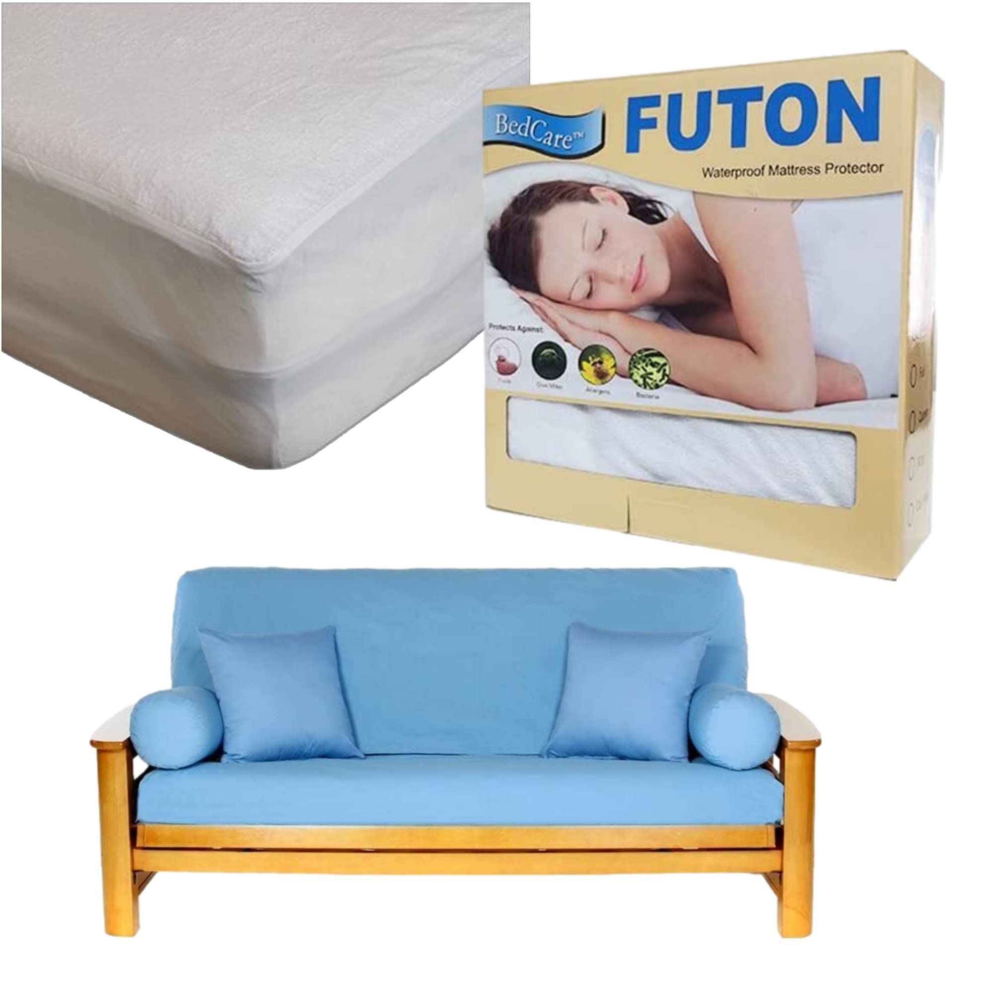 BedCare Royal Heritage Home 100% Cotton Bluebonnet Futon Cover (Full Size) Waterproof Mattress Protector (Full - 54 x 75) Couch Bundle Set