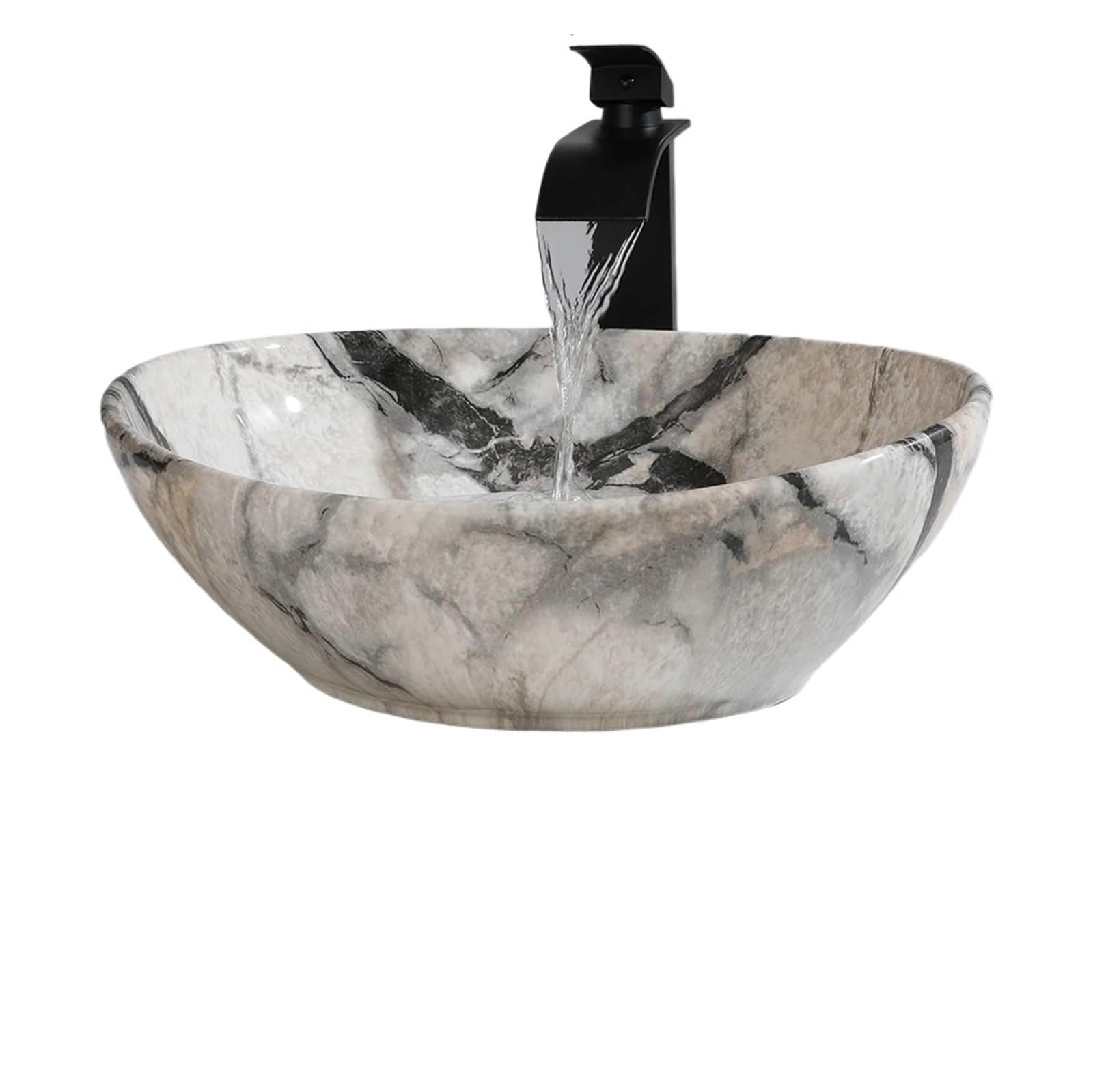 Bathroom Vessel Sink Bathroom White Marble Style Vessel Sink Set Oval Ceramic Basin Bowl Black Faucets Modern Washbasin for Washing(Basin Set A)