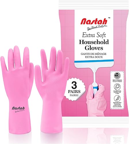 PFL2 Nastah - Paquete de 3 pares de guantes domésticos rosados extrasuaves, fabricados en Malasia para una limpieza cómoda disponible en Yaxa Guatemala