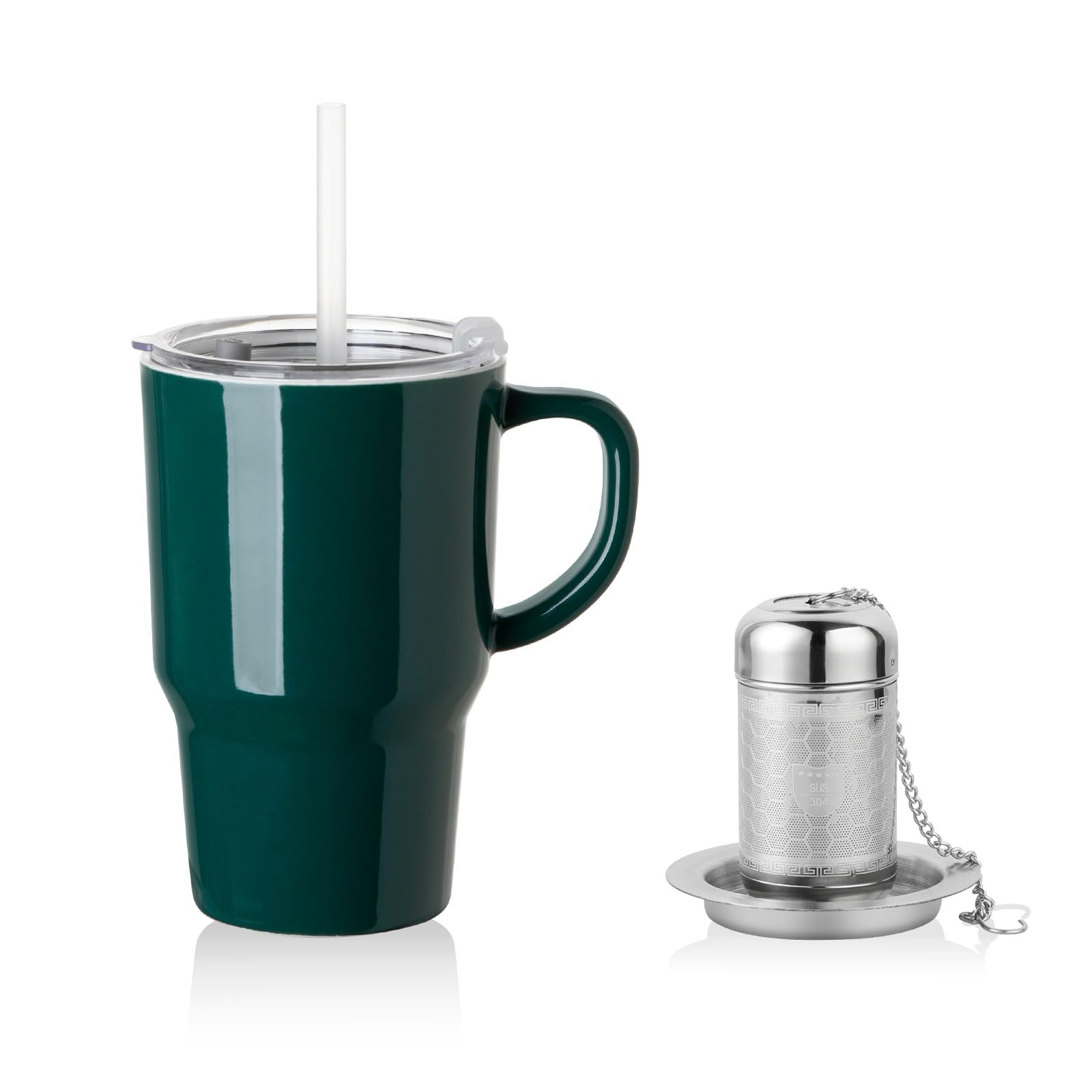 Sweejar Ceramic Tea Cup with Lid, 16 OZ Portable Coffee Mug, Dishwasher Safe Travel Mug with Infuser, Reusable Teacup for Car Cup Holder, Tea Lovers(Jade)