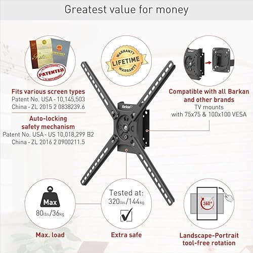 Miniatura 3 de Barkan Soporte de pared para TV de 13 a 65 pulgadas, soporte de pantalla planacurva, soporta hasta 80 libras, bloqueo automático patentado, se