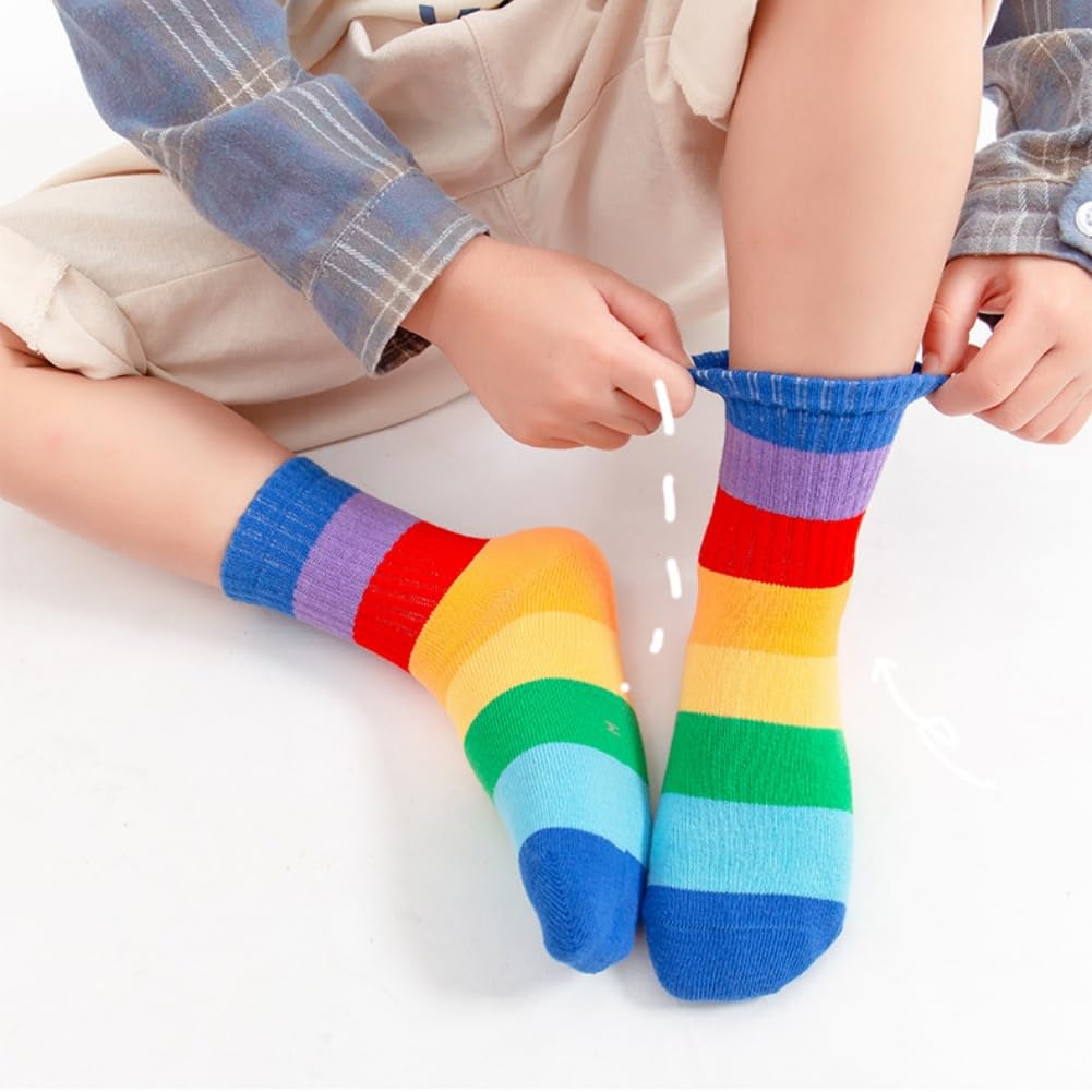 AKAMAS 5 pares de calcetines de ocio a rayas coloridos para niños y niñas, calcetines deportivos con patrón de rayas de arco iris para niños