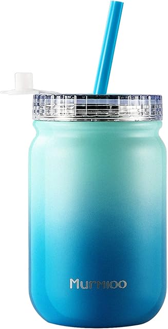 Murmioo Stainless Steel Straw Tumbler,Reusable Coffee Cup,Double Wall Vacuum Food Jar, Insulated Mason Jar,Travel Mug with Straw and Screw Sealed lid-for Smoothie/Salad 14oz Navy Light Blue Gradient