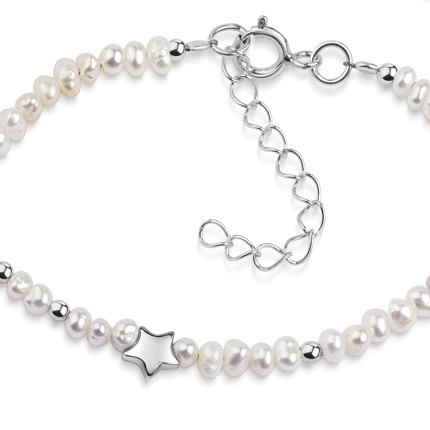 Perlenarmband Damen weiß Silber 925 - Stern Armband verstellbar SA-156 | Armkette mit Perlen und Silberkugeln aus 925 Sterling Silber 16,5-19,5cm für Frauen und Mädchen MATERIA by Matthias Wagner