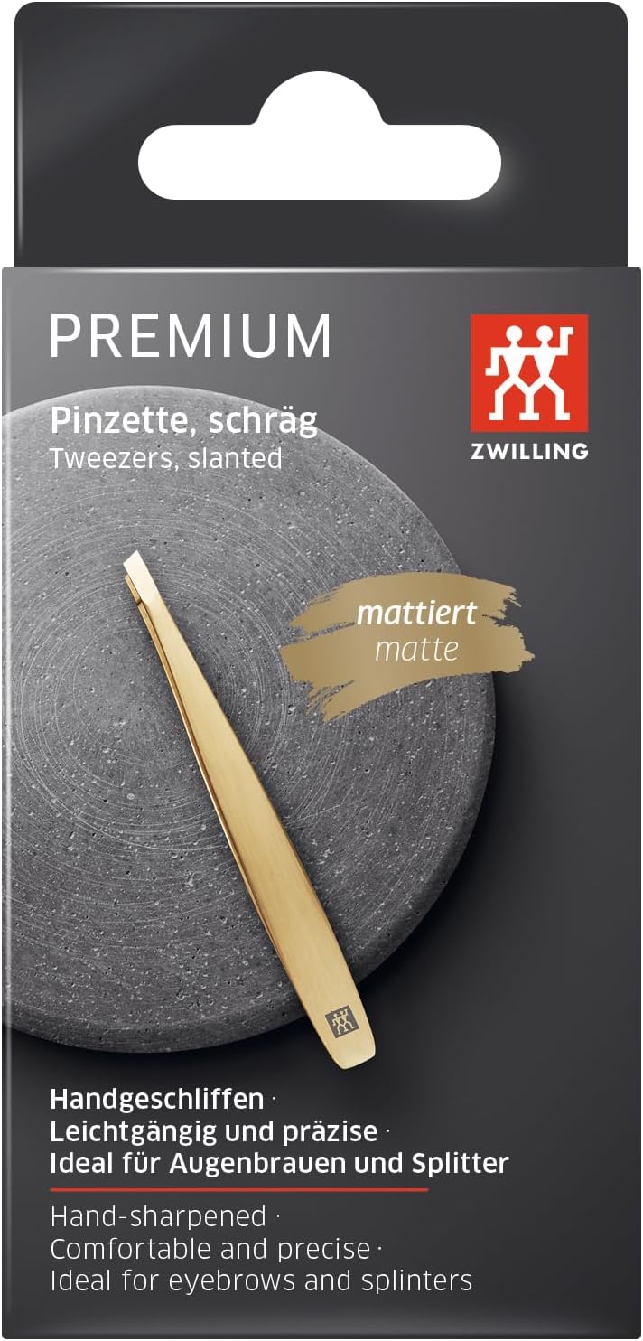 ZWILLING Tweezer Slanted (plucking eyebrows, removing splinters, hand finished, roughened tips, hypoallergenic), Premium, Gold, 3.5 inch