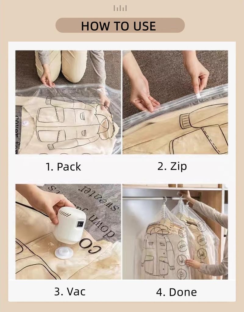 Elebac Lot de 6 longs sacs de rangement sous vide pour vêtements, sacs de rangement sous vide pour manteaux, sacs de compression pour vêtements de placard