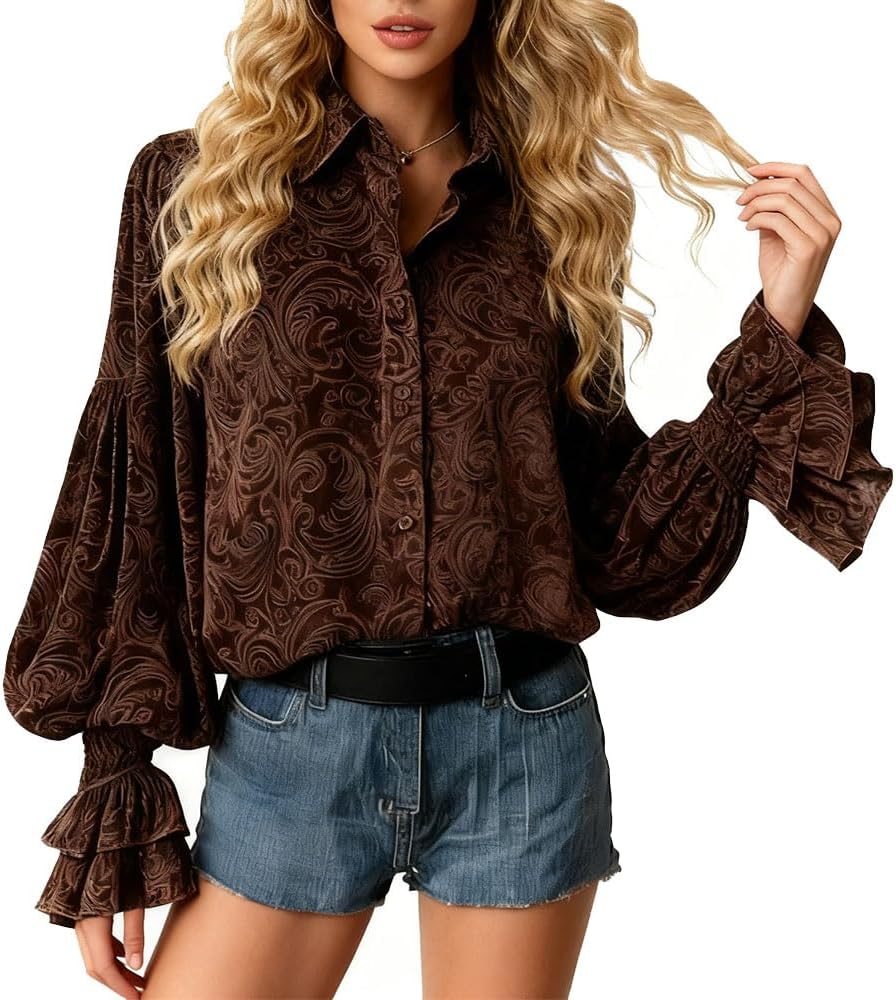 Womens Velvet Blouse Top Vintage Floral Puff Sleeve Fall Winter Loose Trendy Dressy Casual Elegant Shirts - Image 4