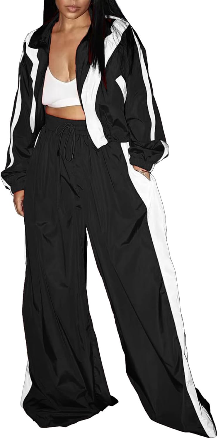 Ecirod Womens Color Block Sweatsuit Set 2 Piece Outfits Zip Up Sweatshirt High Waisted Wide Leg Pants with Pockets