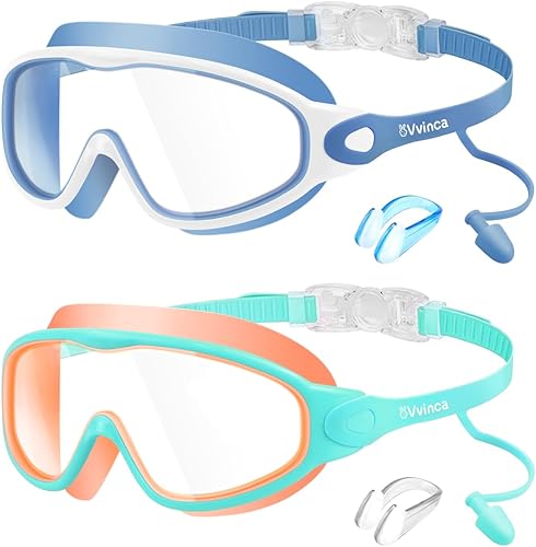 Miniatura 10 de Vvinca Gafas de natación para niños, con tapones para los oídos y clip para la nariz, visión amplia, antivaho y UV, para niños y niñas de 3 a 15