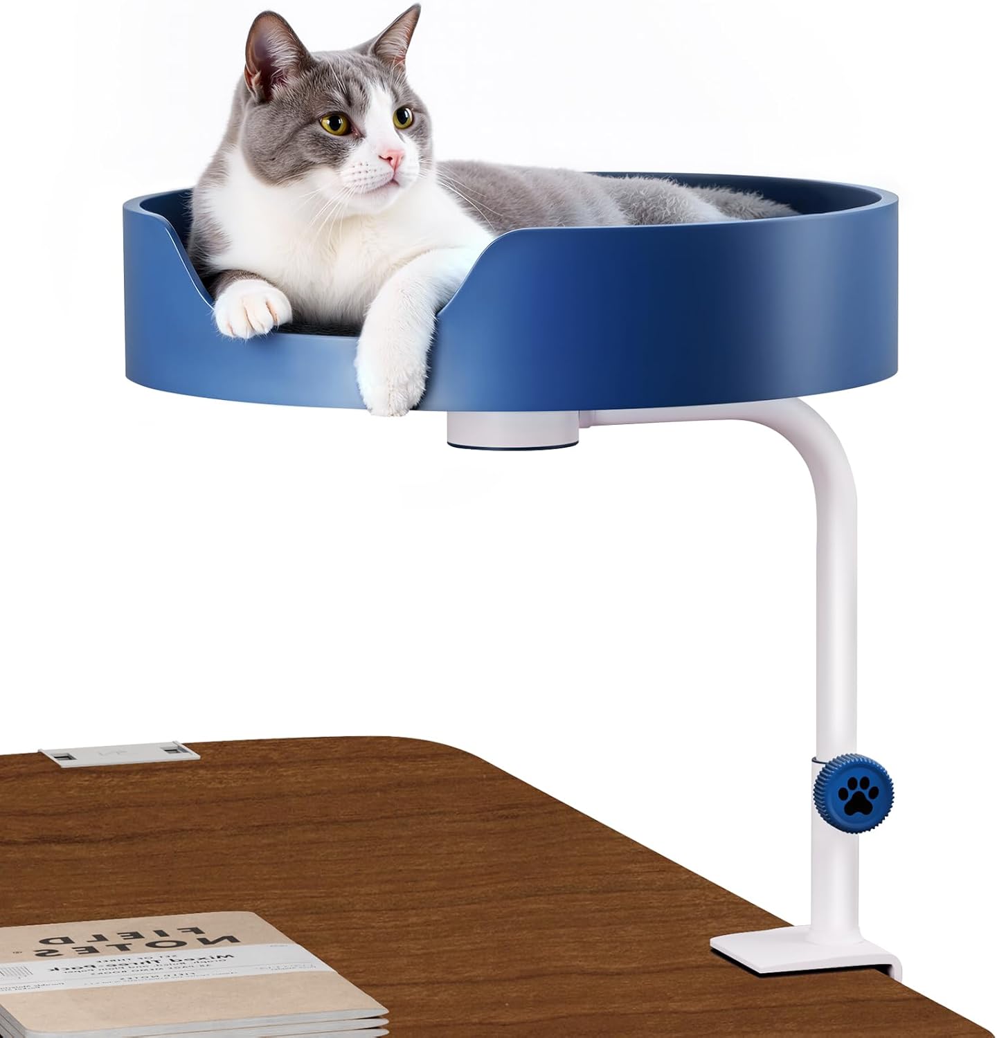 Cat Desk Bed Large Perch Nest with Teaser Easy Install,Space Saving Mount Design,Sturdy Frame,Removable Cushion,Clamp Desktop Attachment Hammock for Home Office,Side Table(White and Blue) Blue White