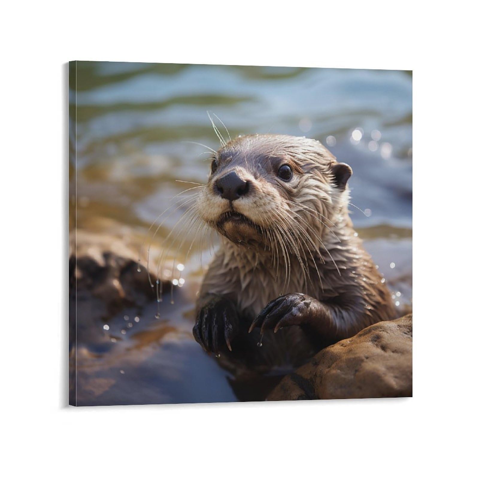 KLOPH Otter Playing In The Water Canvas Wall Art for Living Room 10x10inch Modern Artwork Painting for Bathroom Hanging Canvas Prints Aesthetic Wallart for Bedroom Kitchen Office Wall Decor