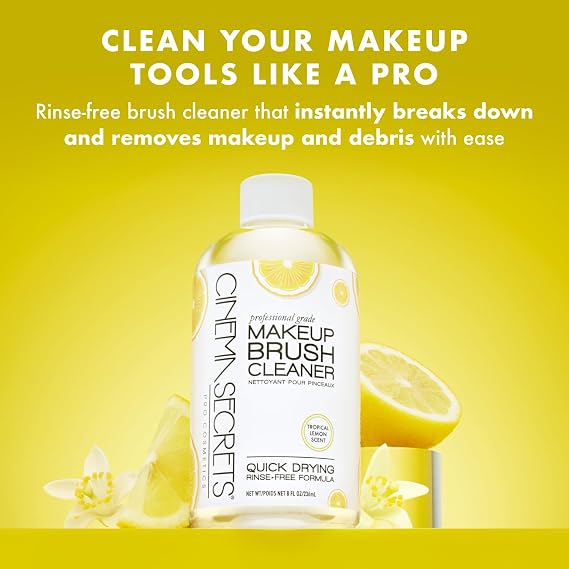 Cinema Secrets Original Makeup Brush Cleaner Solution - Professional Cleanser for Makeup Brushes - Quick-Drying, Rinse-Free Formula - Removes Stubborn Waterproof Make Up - Lemon (4 fl oz)