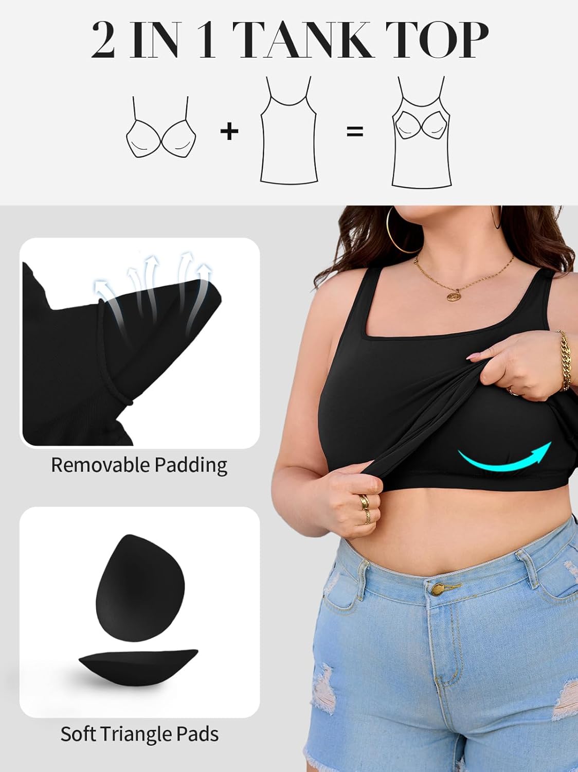 V FOR CITY Plus Size Tank Top with Built-in Bra Scoop Neck Camisole Tops for Women Adjustable Strap Cotton Camis - Image 4