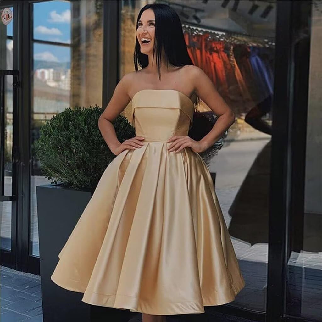 Tea Length Satin Cocktail Party Dresses for Women, Strapless Formal Evening Prom Gown Homecoming Graduation Dresses - Image 2