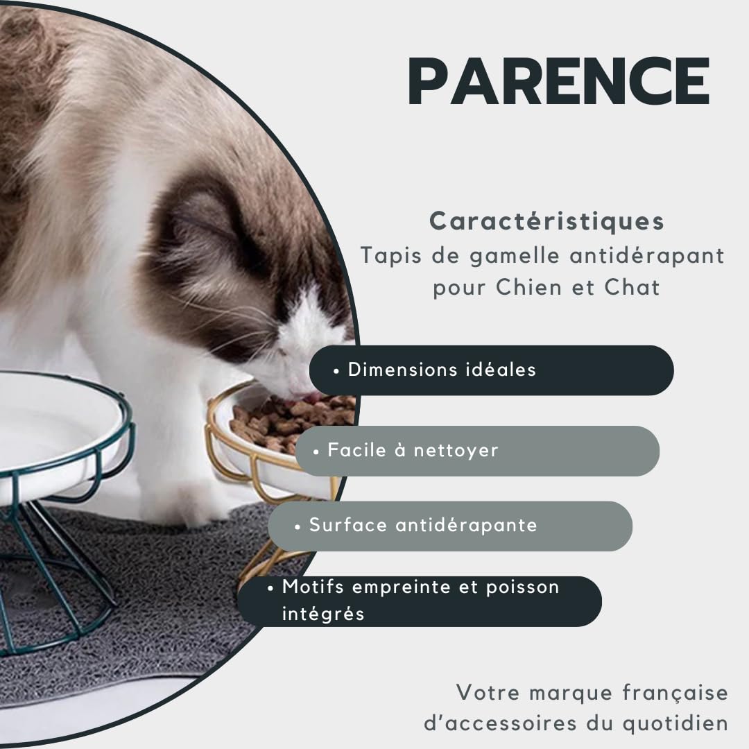 PARENCE.- Tappetino antiscivolo per cani e gatti – Fondo ciotola 46x26 cm – Protezione del pavimento e cibo pulito – Ingombro e design dei pesci