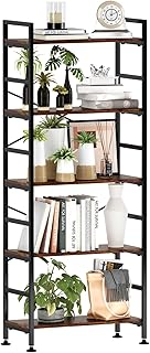 CosyStar 5-Tier Adjustable Tall Bookcase, Rustic Wood and Metal Standing Bookshelf, Industrial Vintage Book Shelf Unit, Op