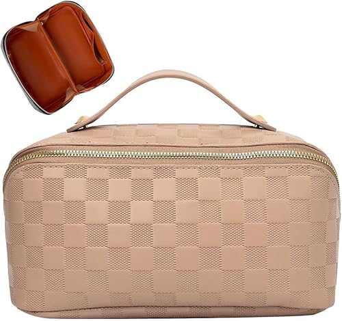 Cessfle Bolsa de maquillaje de viaje, bolsa de maquillaje a cuadros, bolsa de cosméticos de gran capacidad, bolsa de maquillaje paralela, bolsas de