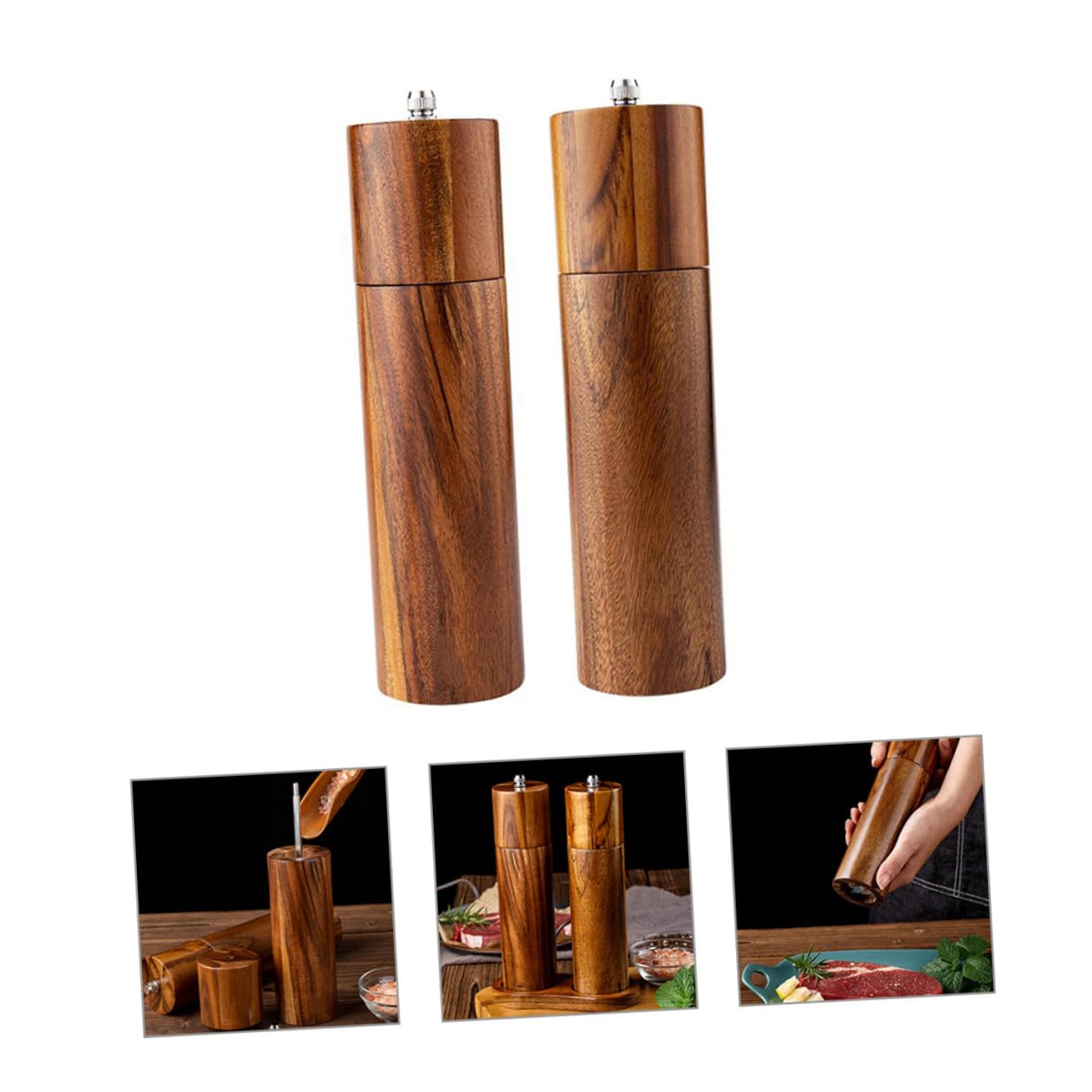 Manuelle Pfeffer und Salzmühle aus Akazienholz mit Keramikmahlwerk 8 Zoll Nachfüllbar Küchengewürzmühle für Pfeffer Salz und Kaffeebohnen