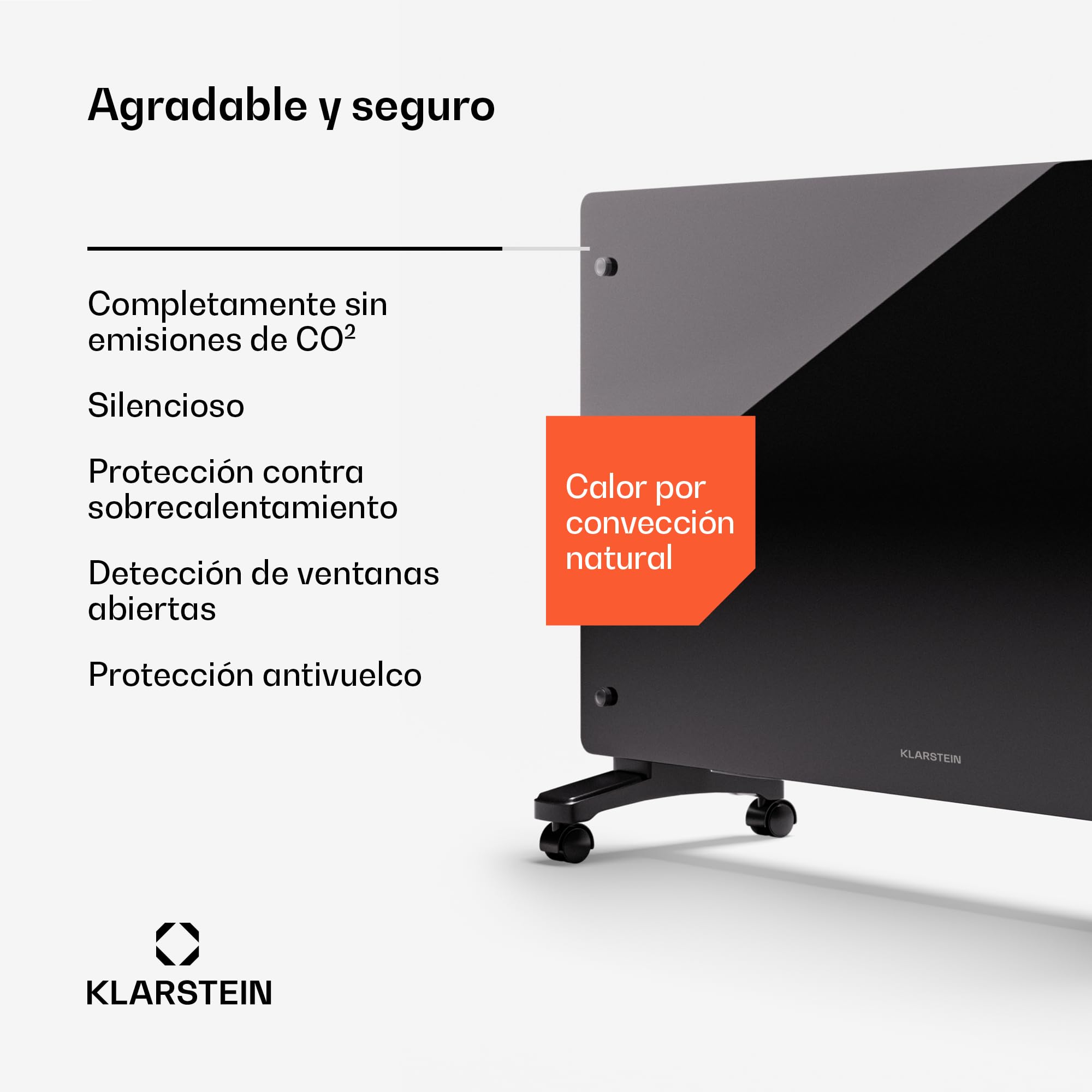 Klarstein Radiador Electrico Bajo Consumo, Estufa Pared 2500W con Ruedas, Radiadores Bajo Consumo Electricos para Pared o dejar de Pie, Fácil de Transportar, Calefacción Eléctrica