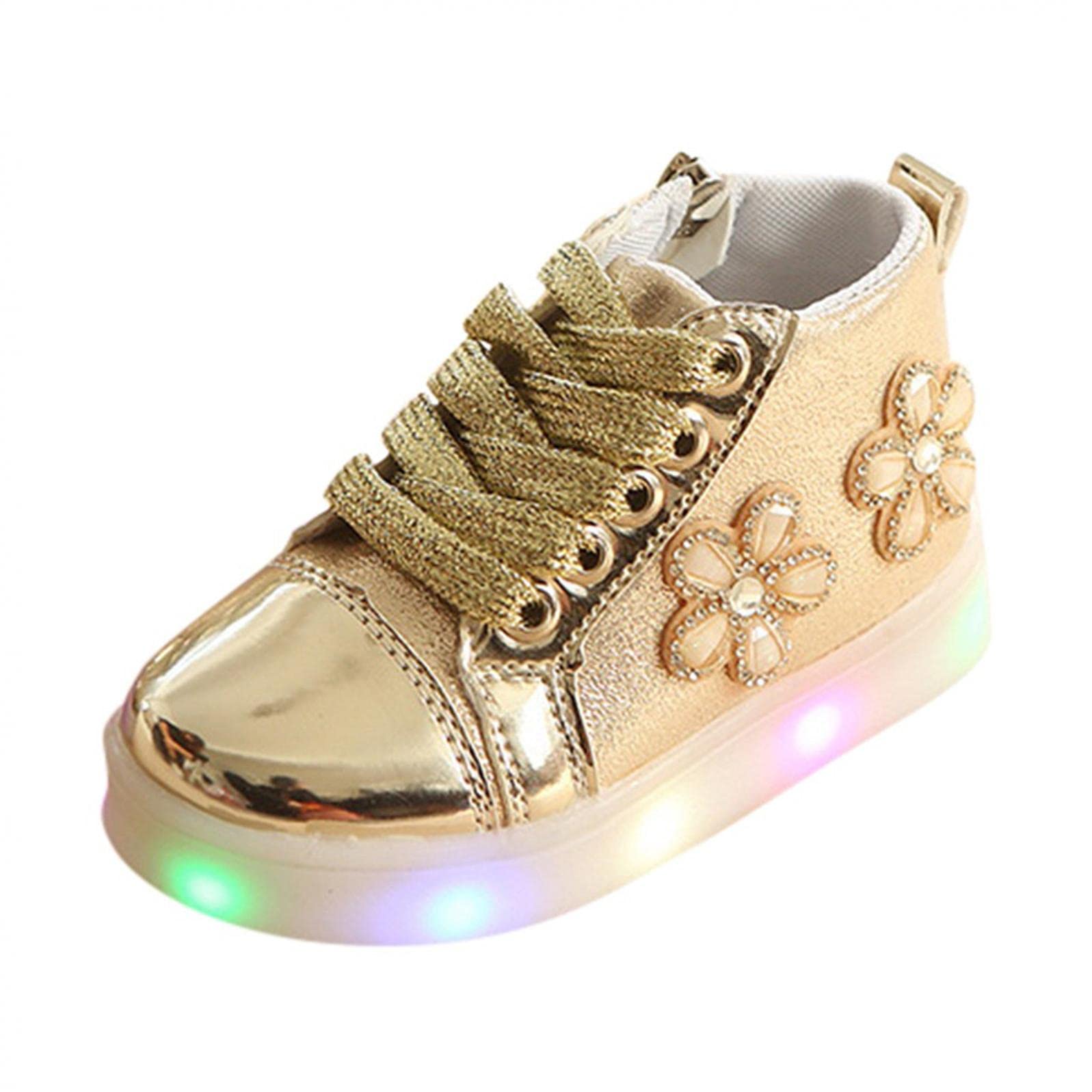 Children Led Light Luminous Sport Sneakers Baby Girls Casual Floral Crystal Running Sport Boots Kids Athletic Trainers Shoes Slip on Sneakers Lightweight Breathable Walking Shoes 15 Months-6 Years