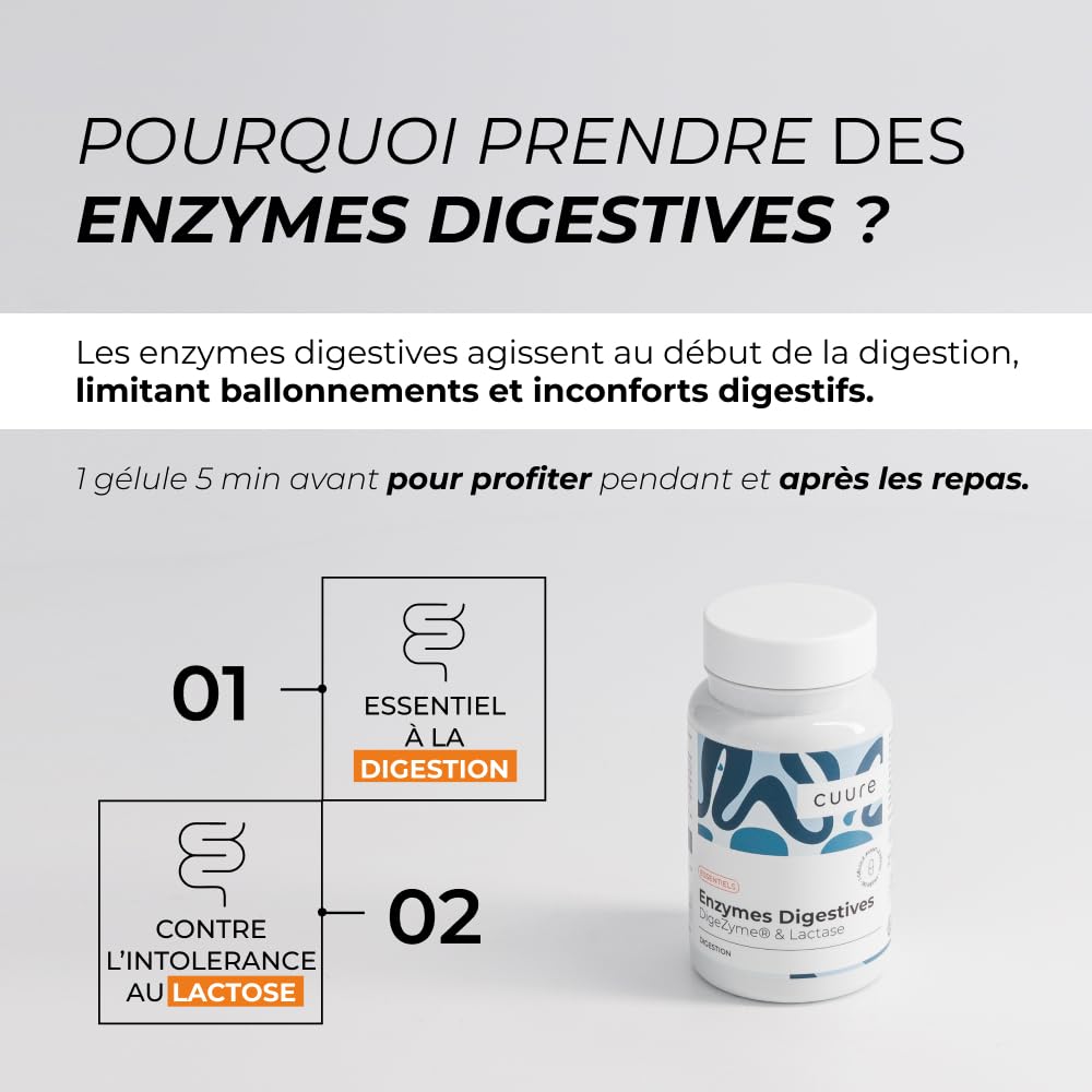 Enzymes Digestives - CUURE - Digezyme® [150 mg] - Digestion - 90 gélules - 60 jours - 1 Gélule/Jour - Vegan - Fabriqué en France
