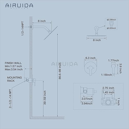 Miniatura 6 de Airuida Juego de grifo de ducha, cabezal de ducha redondo de 8 pulgadas, SUS304 de acero inoxidable de una sola manija, sistema de baño de montaje