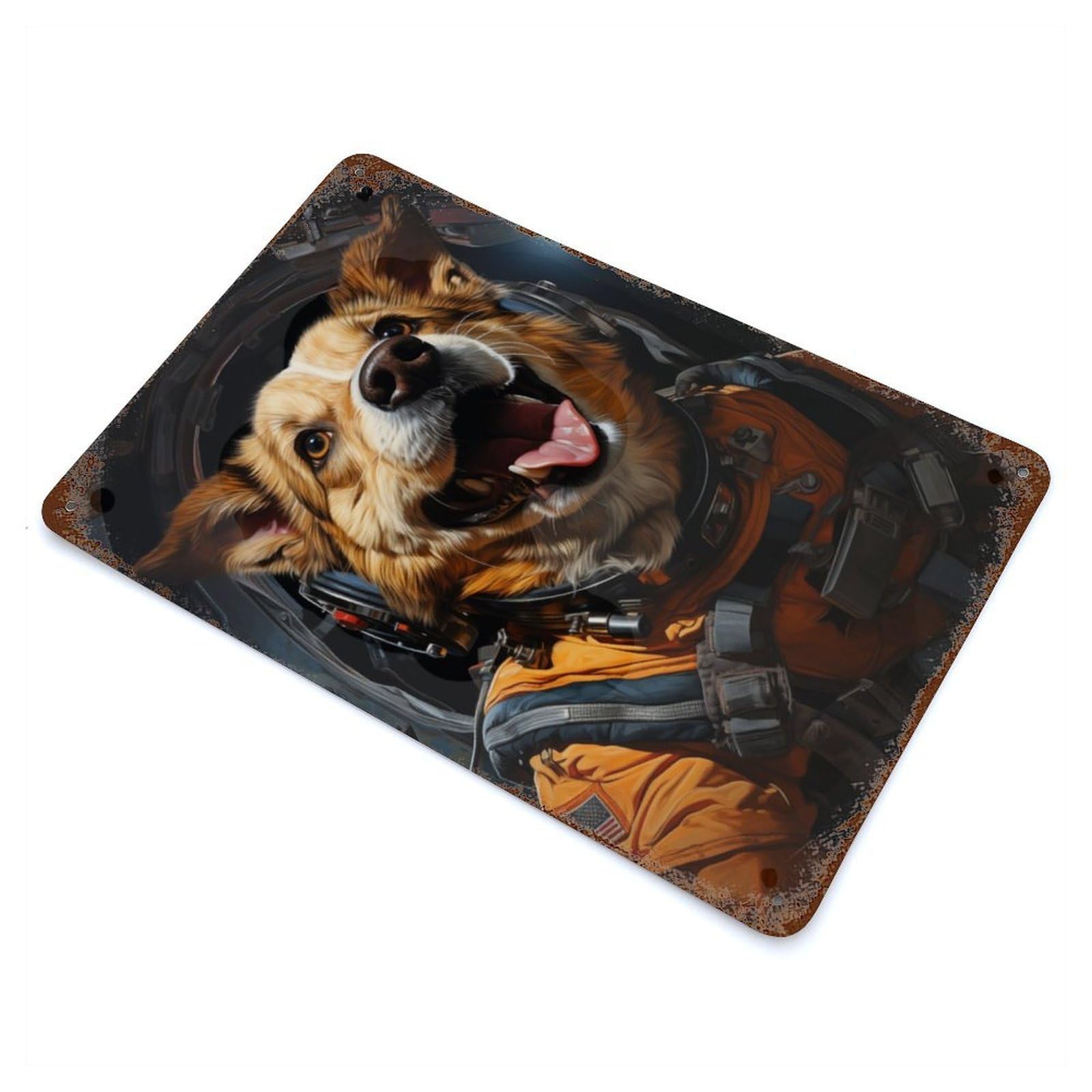 Astronaut Dog Weathered Tin Sign 11.8"x7.9", Novelty Wall Decor for Garage, Pub Or Kitchen