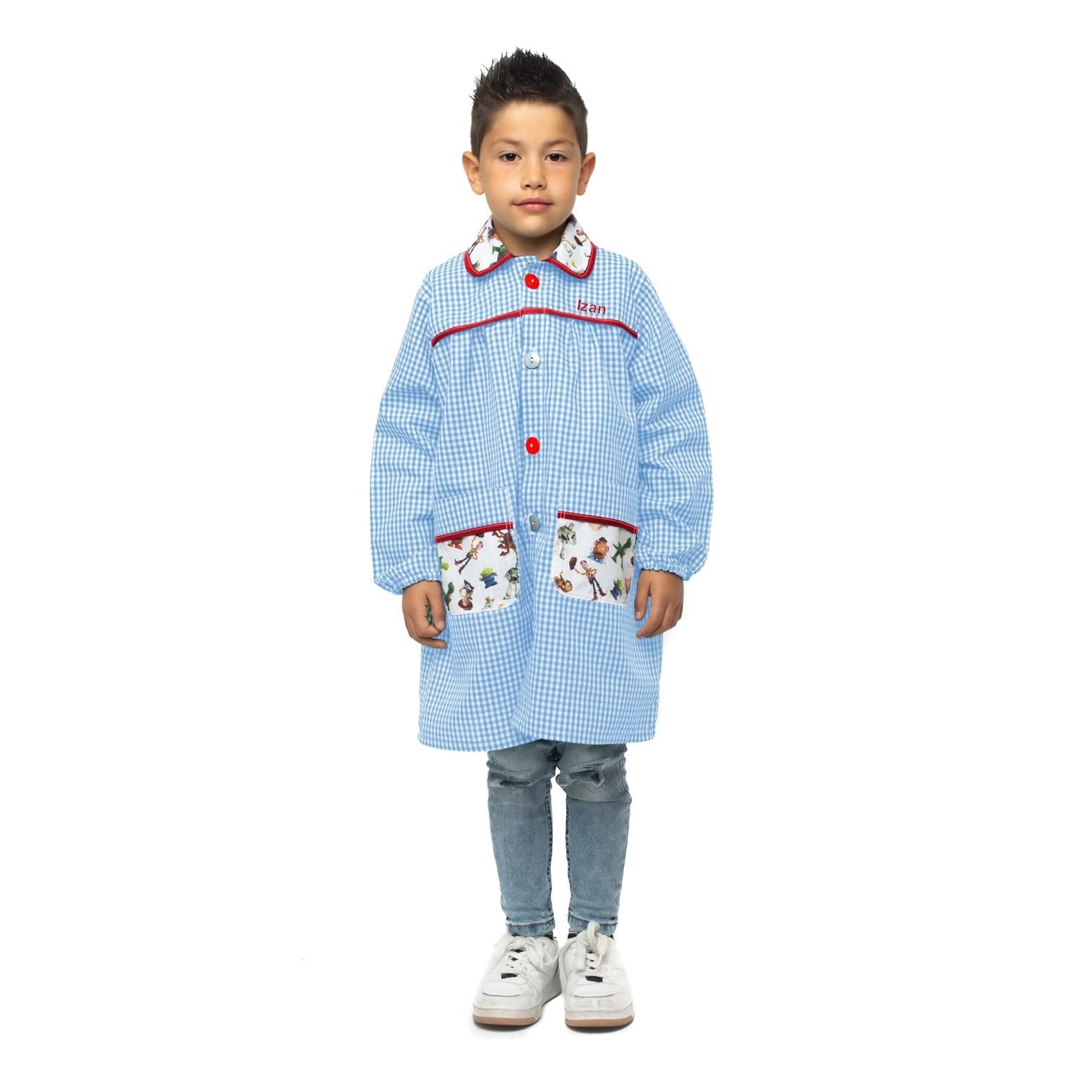 Nenel Conjunto Escolar para Colegio o guardería: Mandilón, babi o Bata Escolar + Bolsa merienda Bordado con el Nombre. Modelo Toy Story