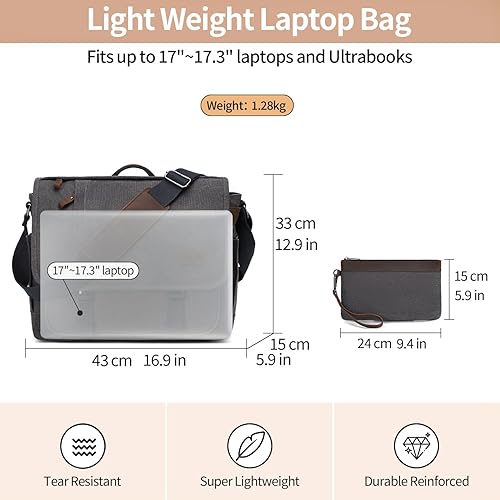 Miniatura 4 de Nerlion - Bolsa tipo mensajero para hombre de 17 a 17.3 pulgadas, bolsa de lona resistente al agua, bolsa de hombro, maletín de trabajo, bolsa para