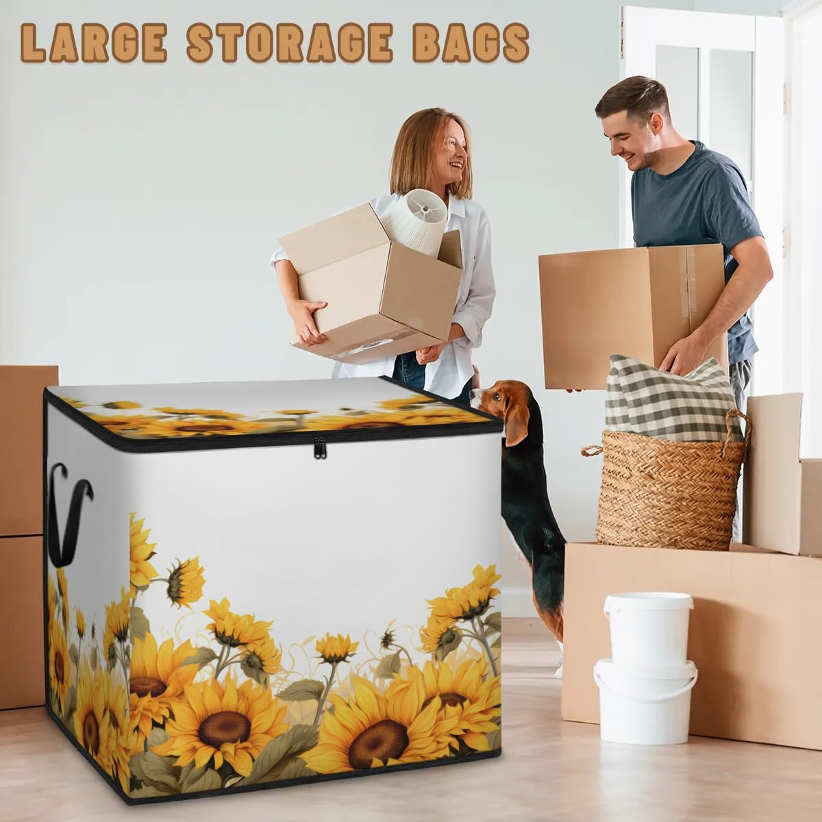 Honeybaby 214L Extra Large Comforter Storage Bag Summer Blooming Sunflowers Storage Totes with Lids Waterproof Closet Organizer Folding Blanket Storage Bags for Clothes Bedding Pillows