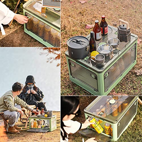 Wyzworks Transparent 5 Door Medium 30L Foldable Stackable Plastic Storage Box Tote W/Wheels, Designed For Clothing, Snack Pantry, Toys, Side Latching Locks, Quick Collapsible Organizing Bin, Orange #TOP4