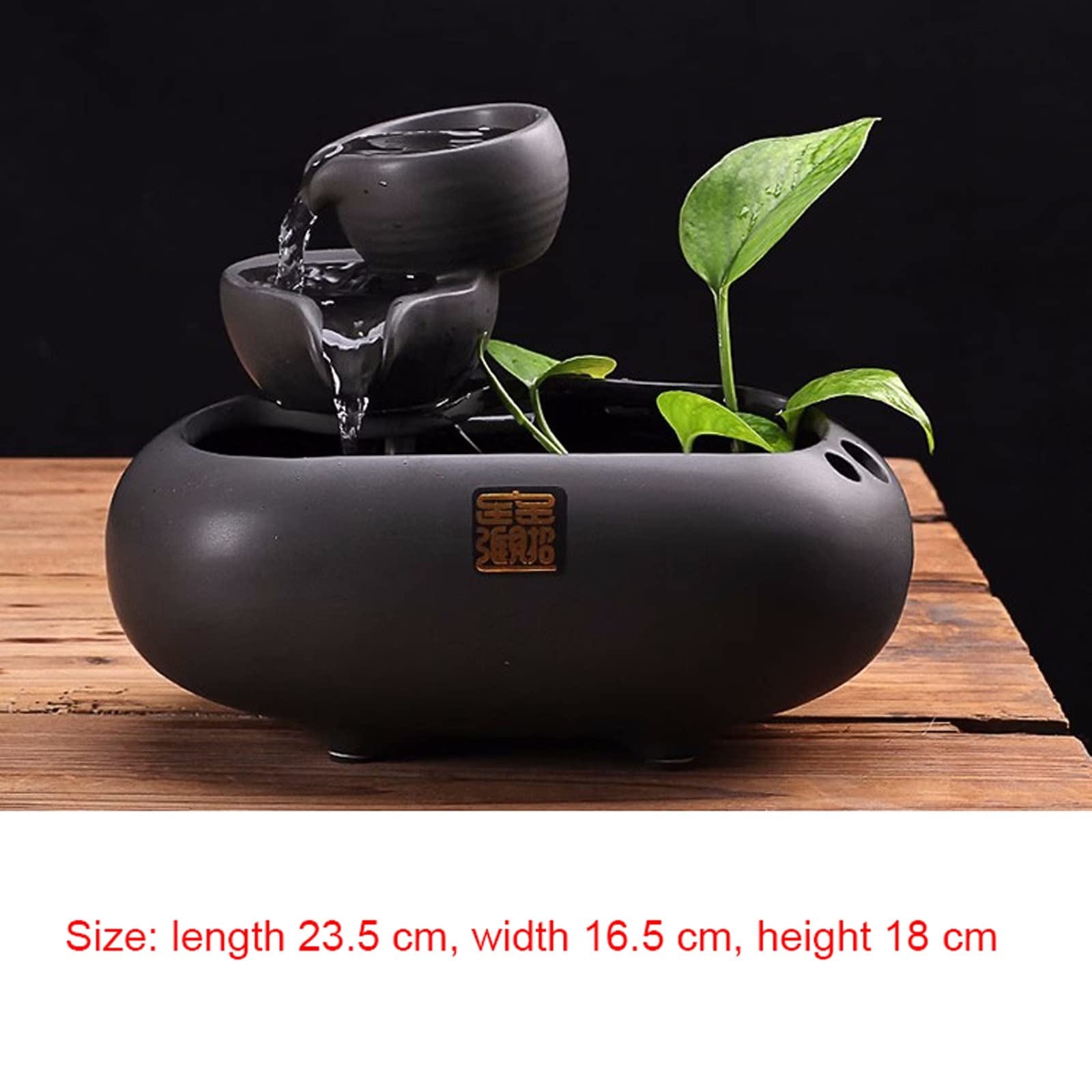 Fuente de Mesa Decorativa para Interior, Fuente de Agua con Cascada, de cerámica, con Bomba de Agua, Zen, decoración para salón, Oficina, Escritorio, 23,5 x 16,5 x 18 cm, Negro