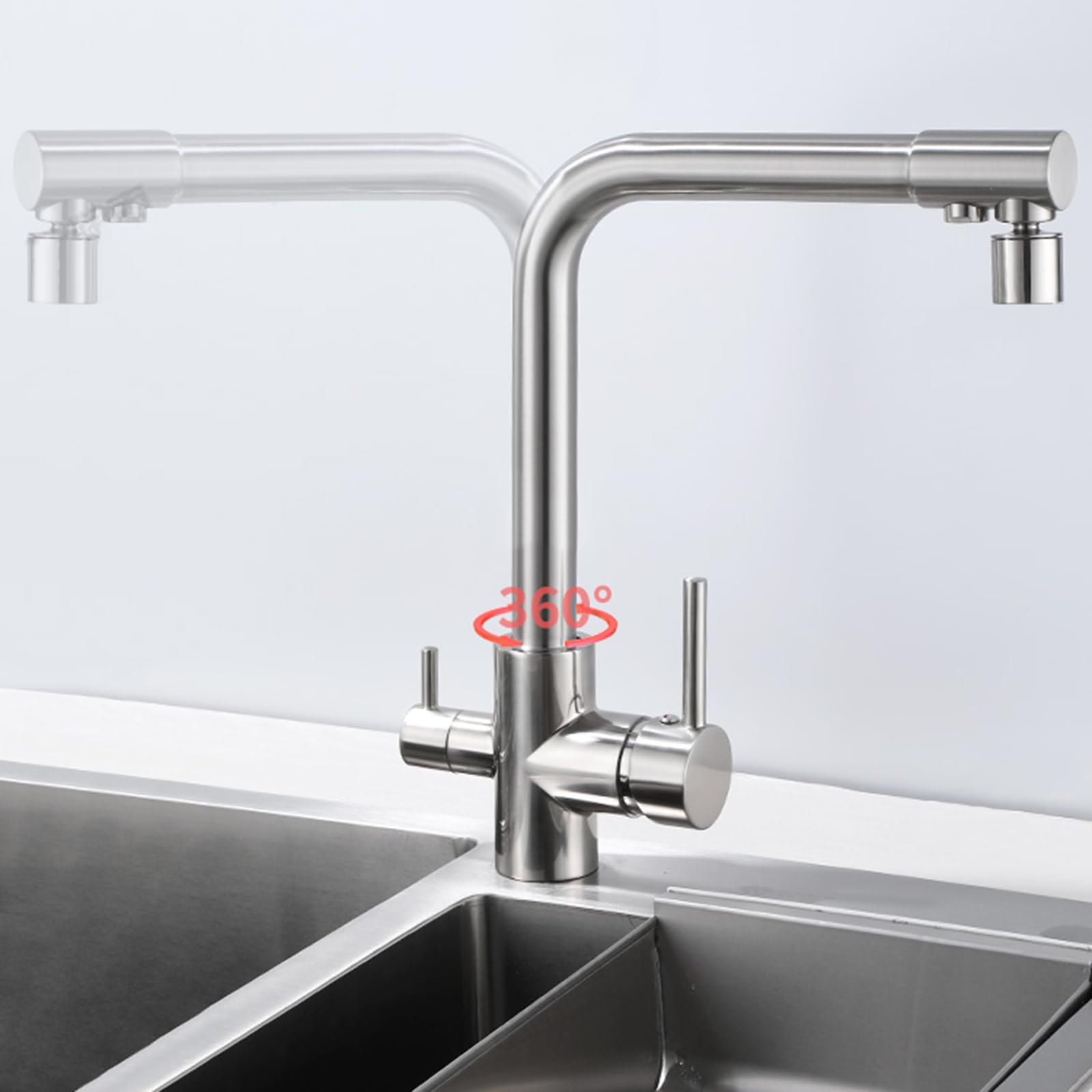Grifo Cocina Cepillado 3 en 1 Rotación de 360° Grifo Osmosis 3 Vías con 2 Salidas Doble Manija,Cepillado