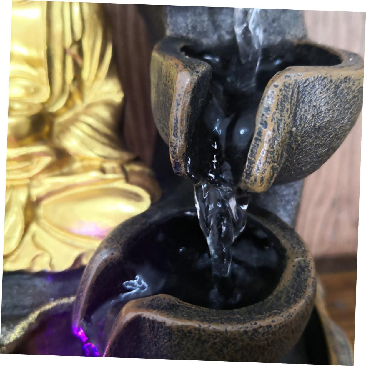 Buddha Waterfall Fountain Tabletop Decor LED Light Resin Buddha Figurine Indoor Water Feature for Office Home Zen Decoration