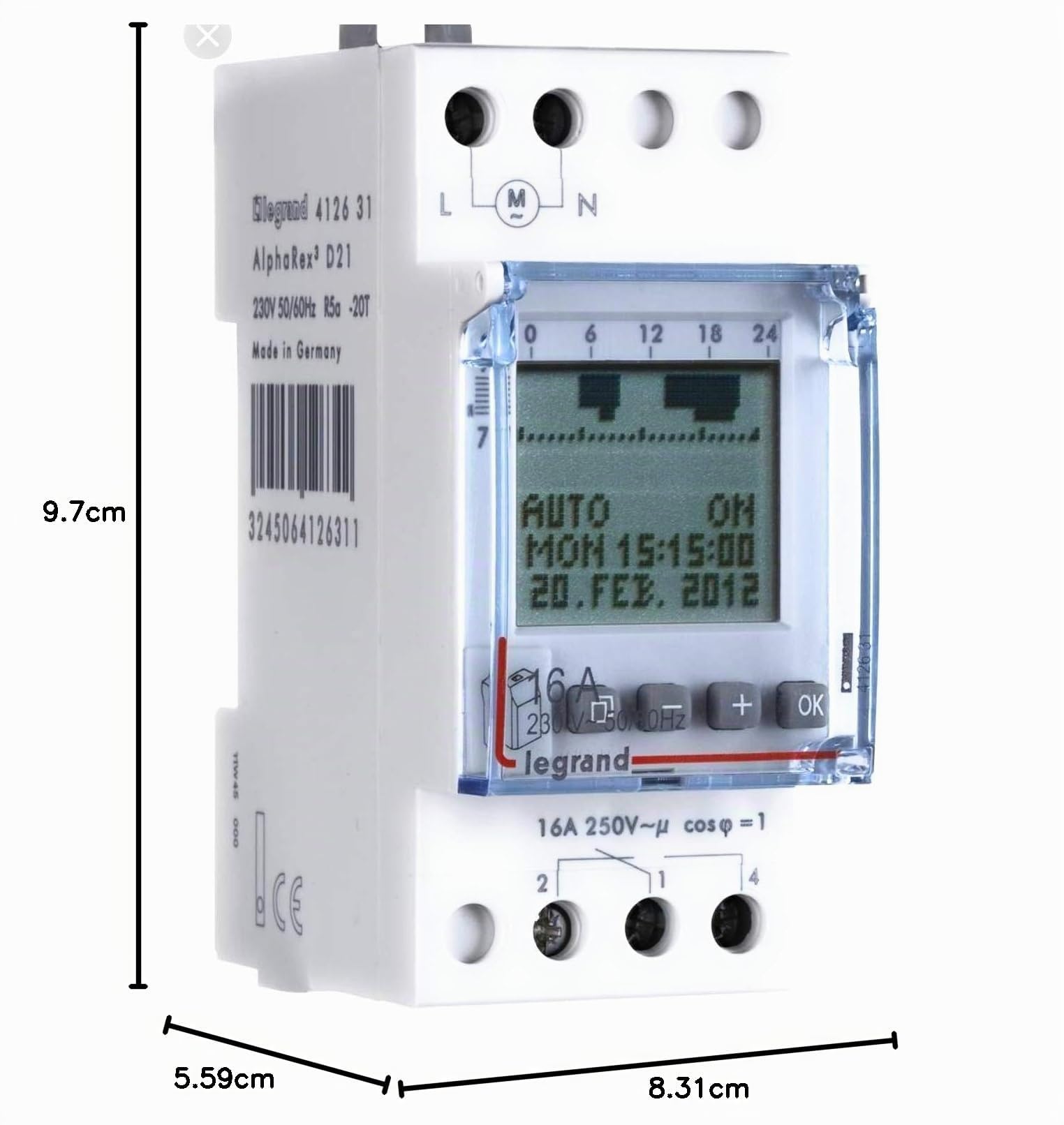 Legrand 412654 Interrupteur horaire digital modulaire programmable pour illuminations extérieures, 1 sortie 16A 250V, 2 modules