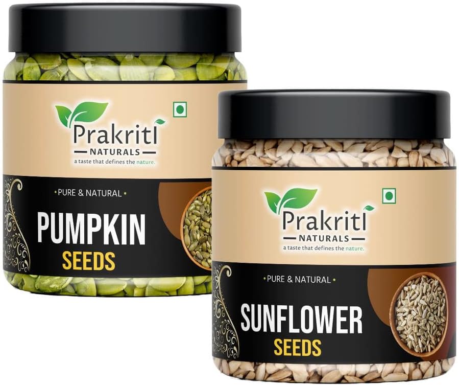 Prakriti Naturals® Raw Pumpkin Seeds - 250g and Sunflower Seeds - 250g for Eating. Protein and Fibre Rich Food For Immunity Booster Diet Pack (250g+250g Jar Pack)
