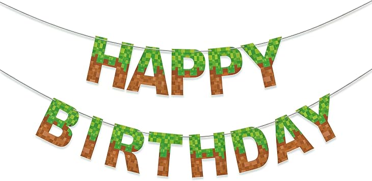 Minecraft Birthday Banner, Pre-strung Pixel Party Banner Video Game Backdrop Pixel Miner Birthday Decorations for Boys
