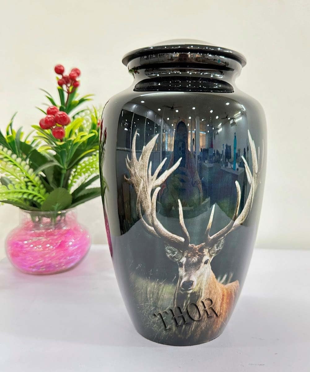 THOR INSTRUMENTS Aluminum Deer Print Grecian Finish Adult Human Ashes Urn with Removable Lid