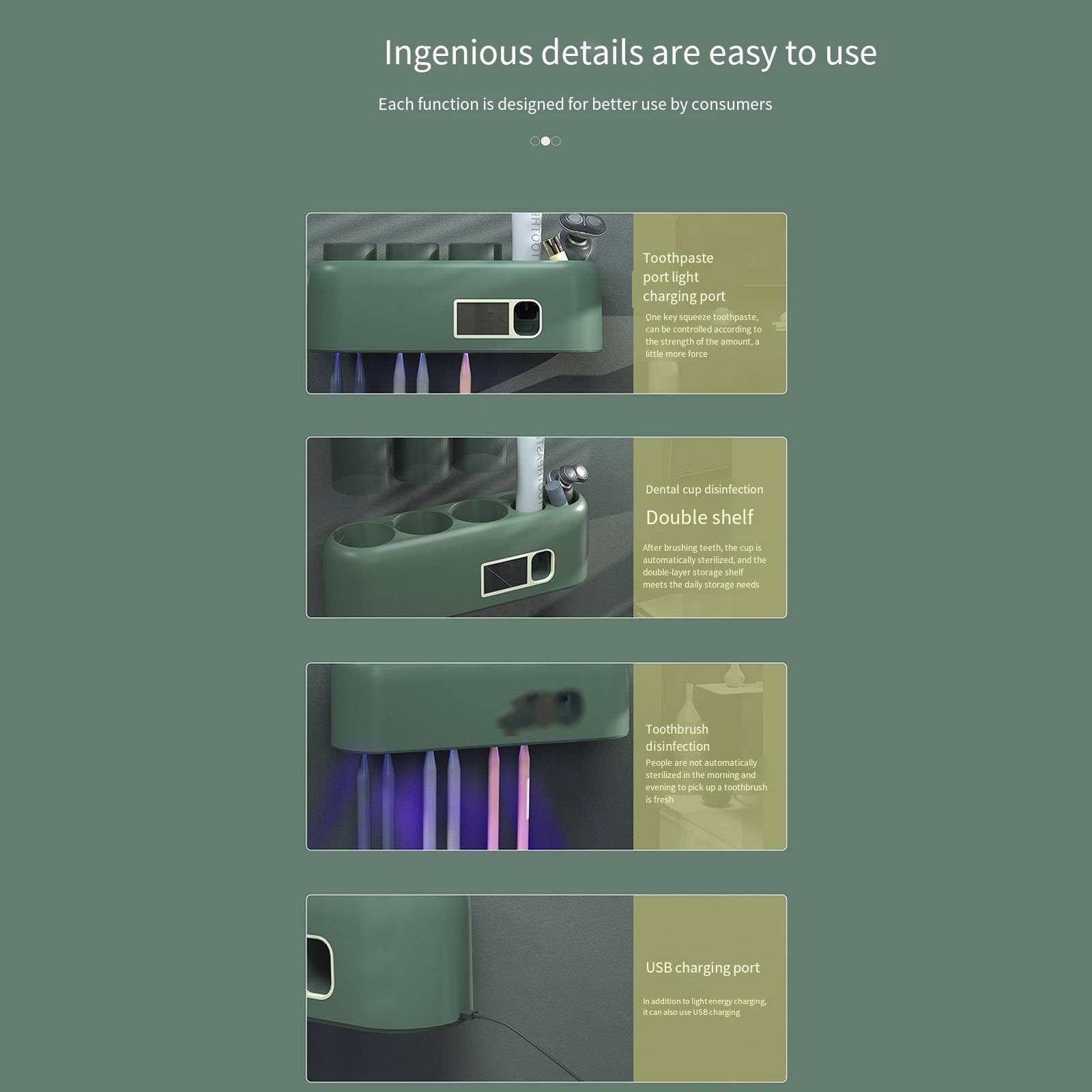 Esterilización por inducción de cepillo de dientes inteligente con soportes de cepillo de dientes de secado para baño estante de almacenamiento sin perforaciones soporte de cepillo de dientes,Green